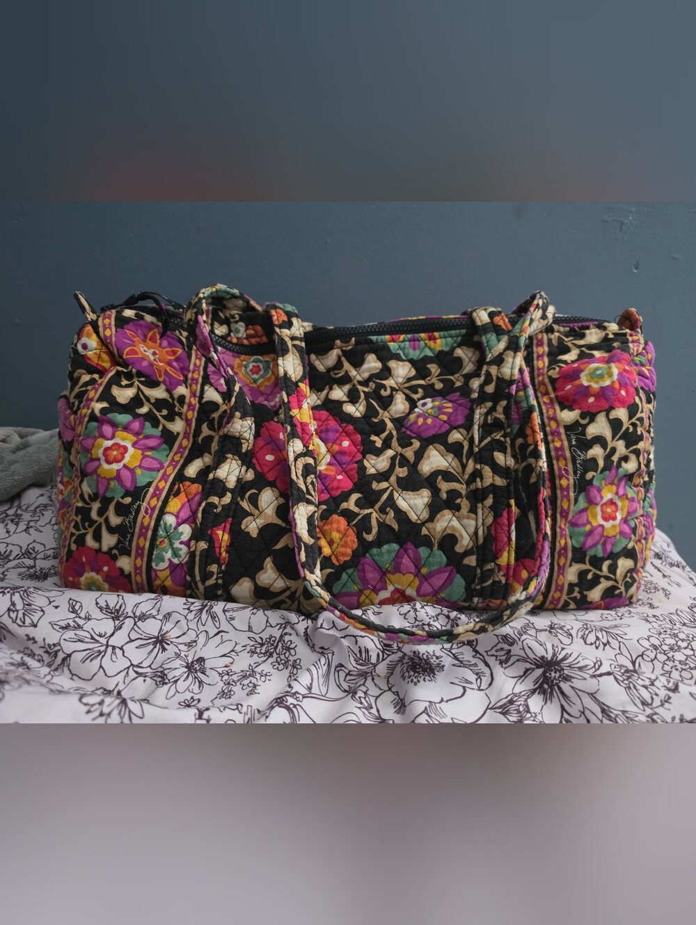 Quilted Floral Tote Bag - Black Multicolor
